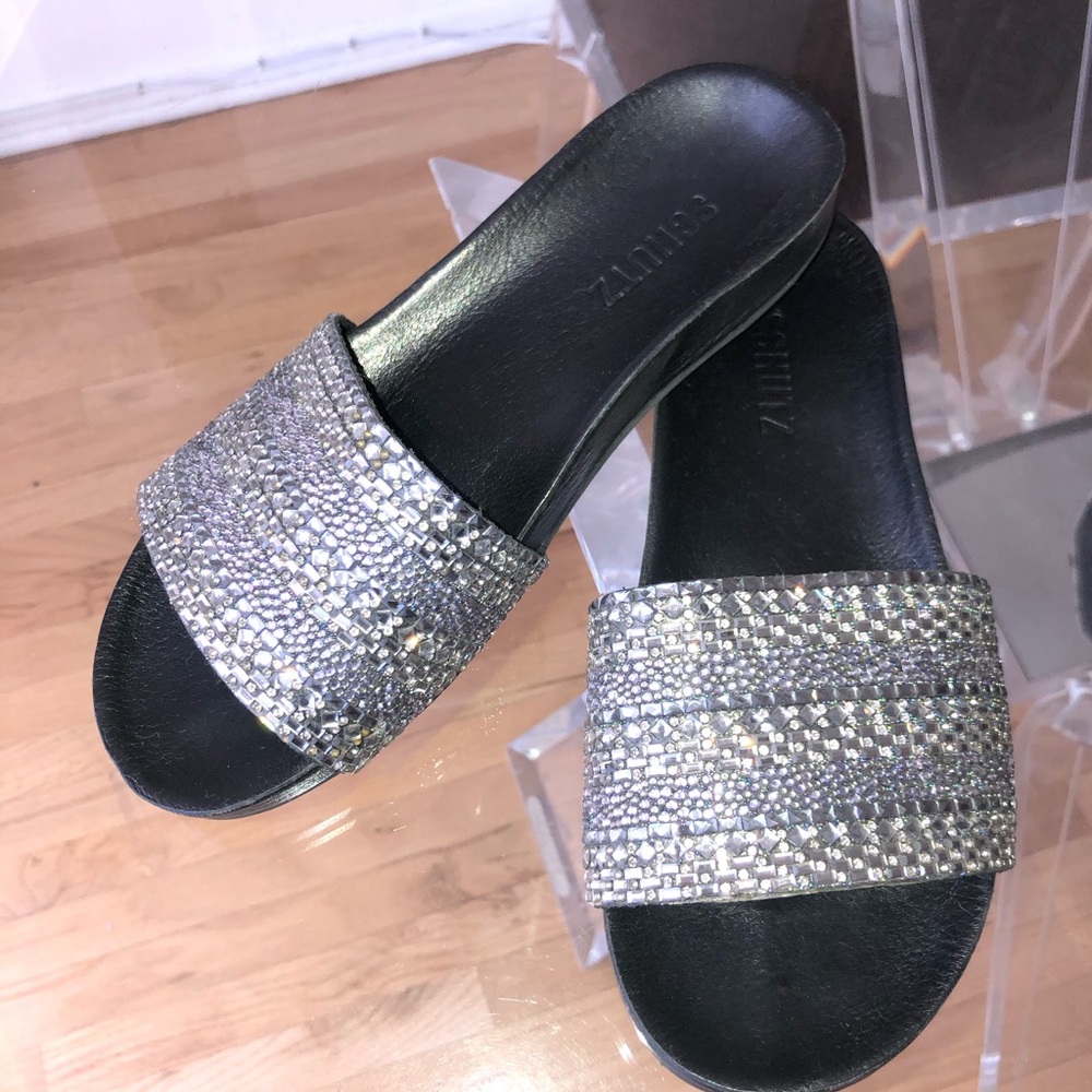 Schutz Crystal embellished black leather slides Sandals size 8